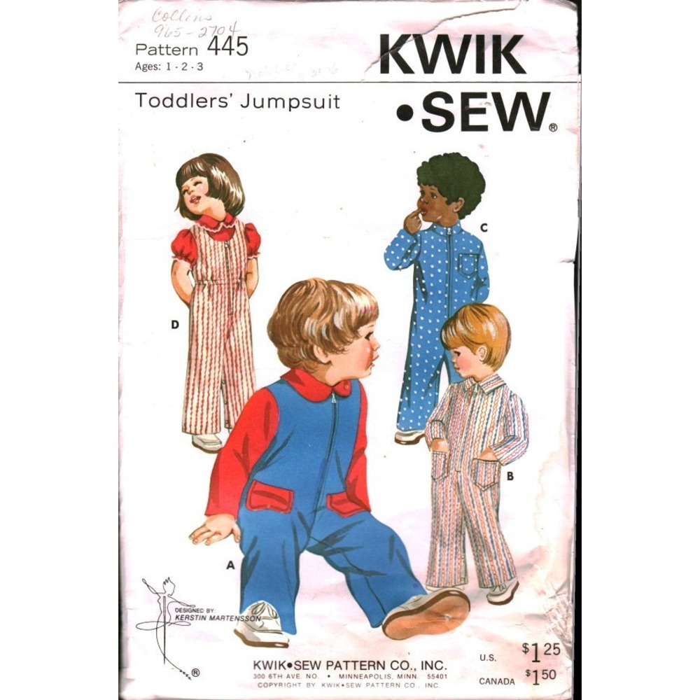 Kwik Sew 445 Toddlers Jumpsuit Sewing Pattern 1 2 3 Vintage Kerstin Martensson